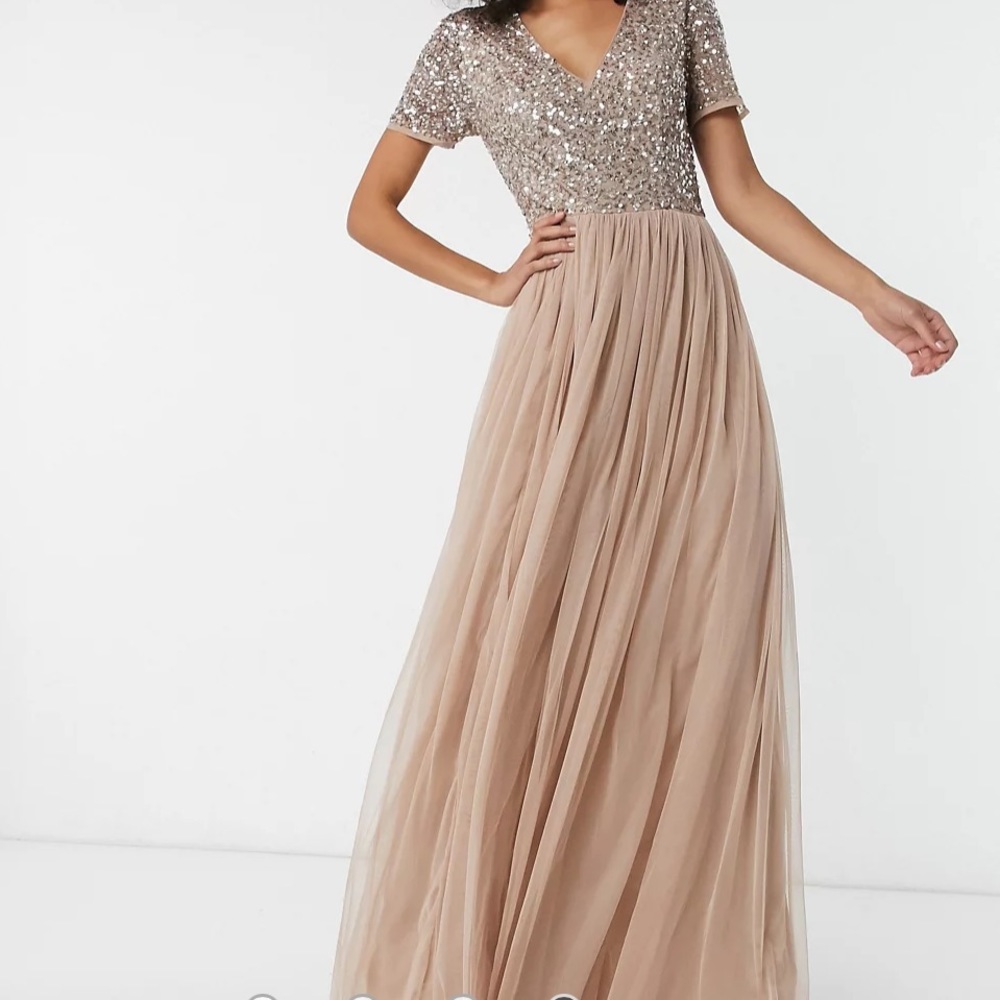 Maya Taupe Blush V Neckline Embellished Maxi Dress
